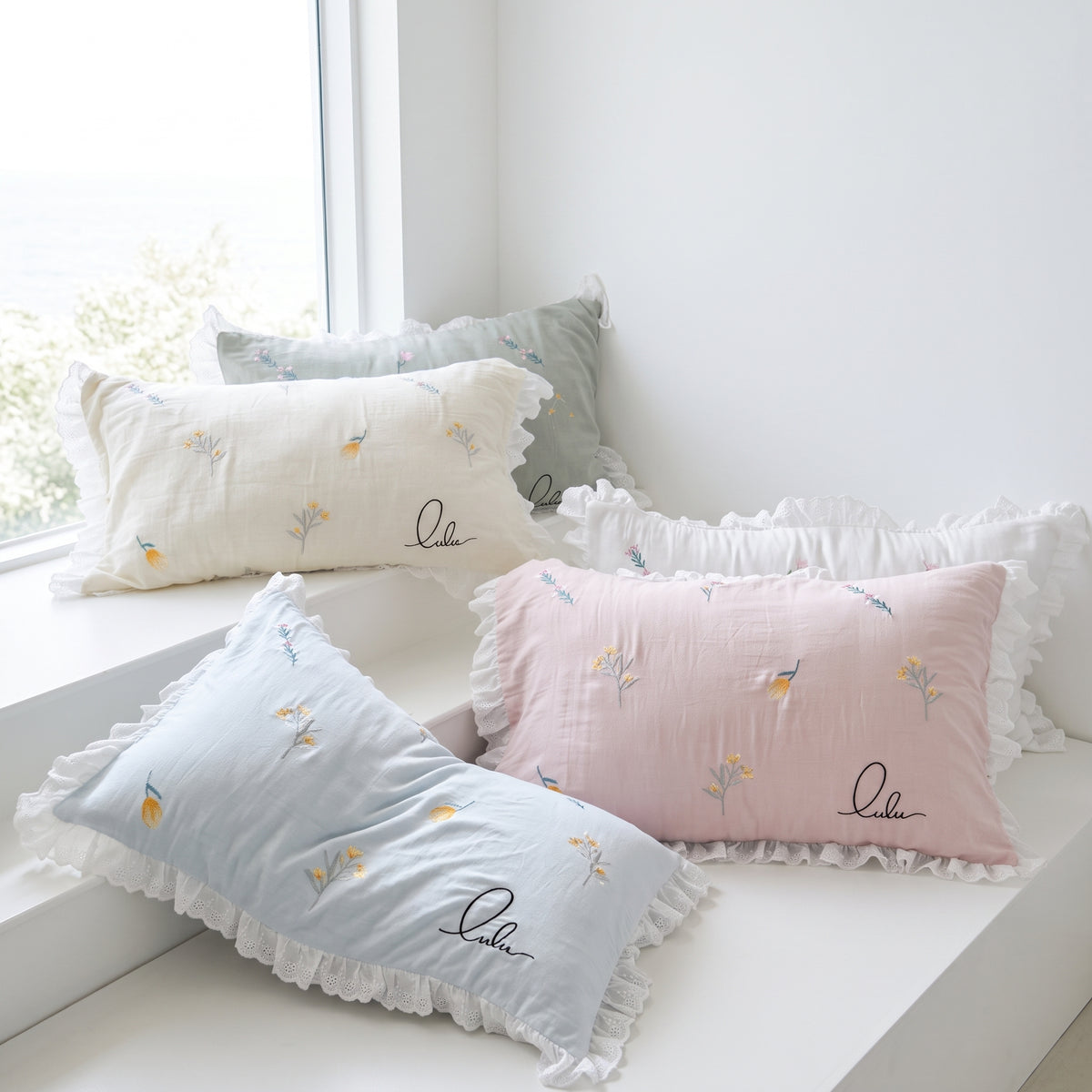 Floral Embroidered Cotton Gauze Pillowcase— Set of 2