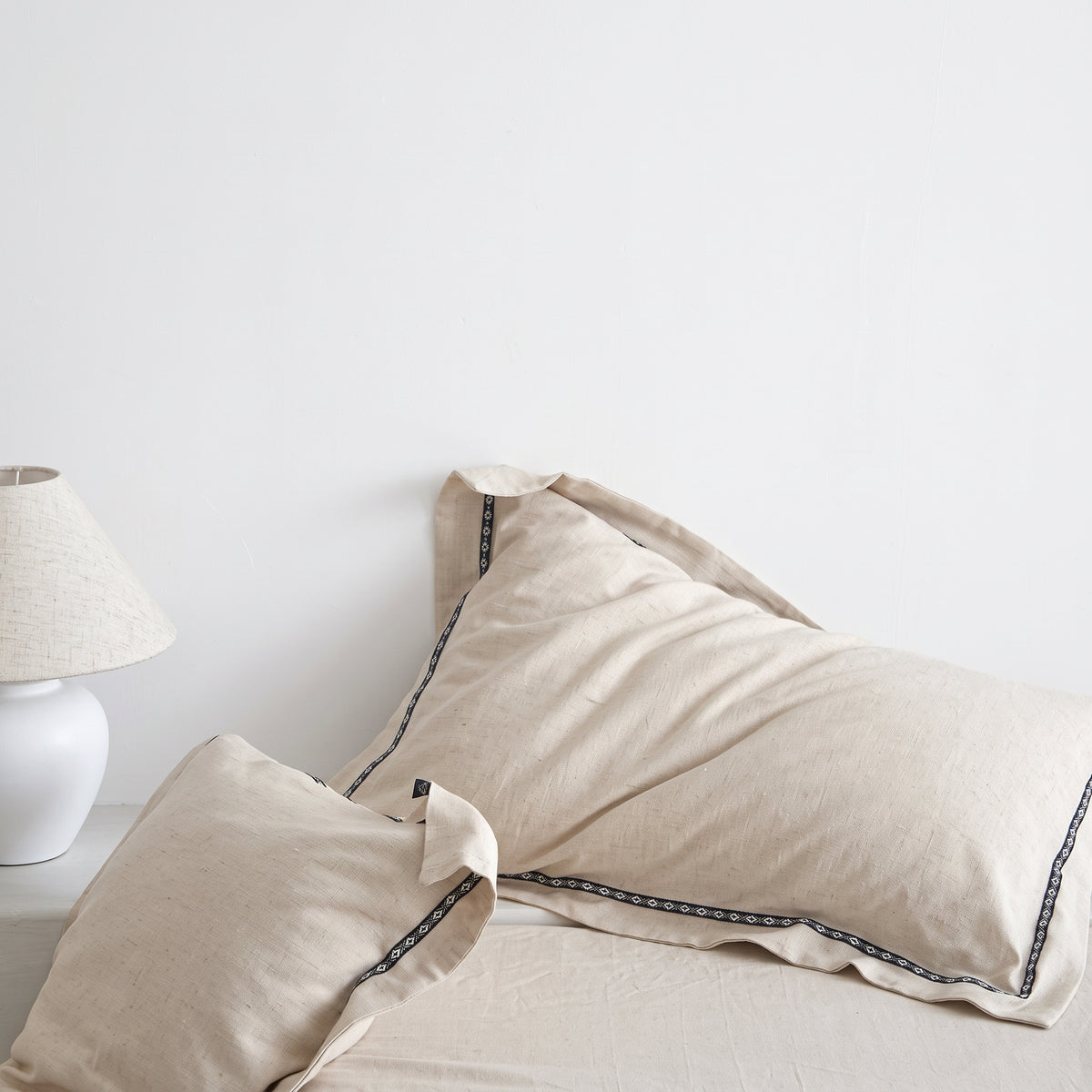 Patterned Border Cotton-Linen Pillowcases — Set of 2