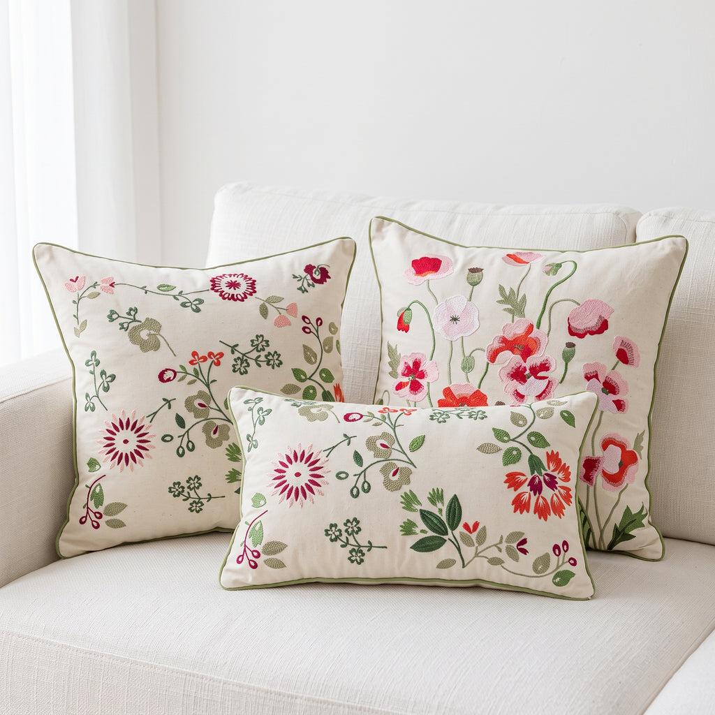 Floral & Bird Cotton Throw Pillow