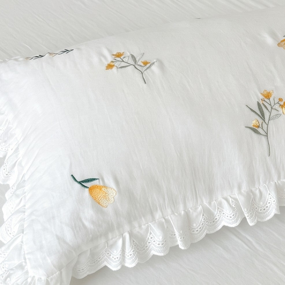 Floral Embroidered Cotton Gauze Pillowcase— Set of 2
