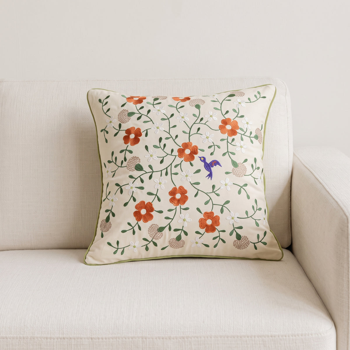 Floral & Bird Cotton Throw Pillow
