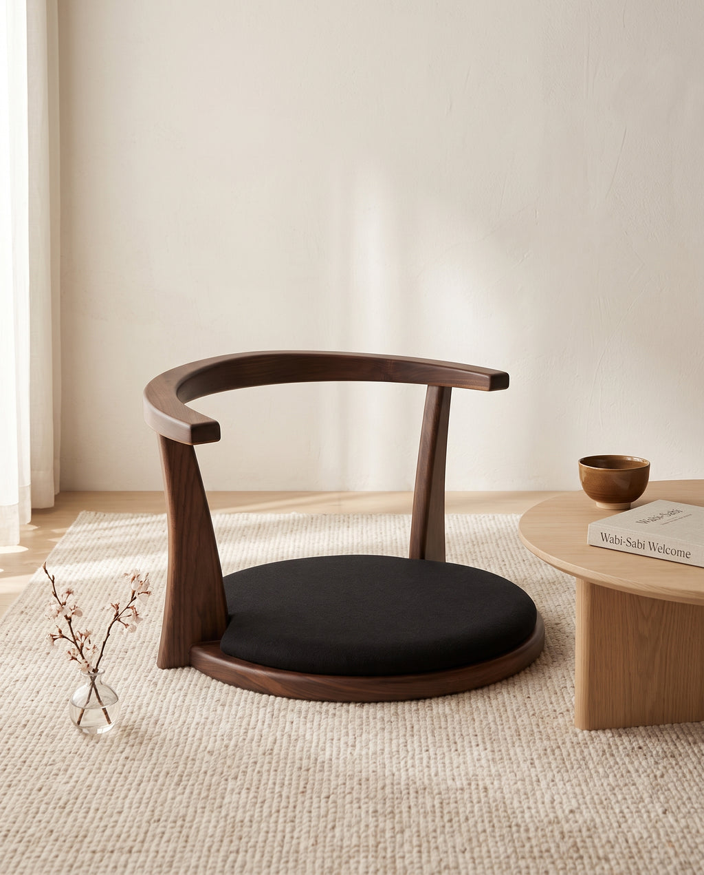 Japanese-Style Floor Chair with Curved Backrest