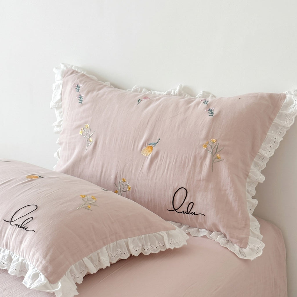 Floral Embroidered Cotton Gauze Pillowcase— Set of 2